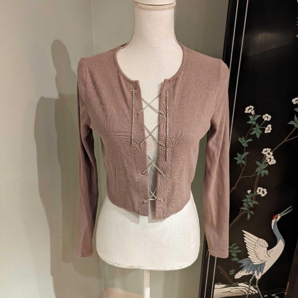 Garage Women's Medium Rhinestone Lace Up Cropped Long Sleeve Top Mocha Brown 19